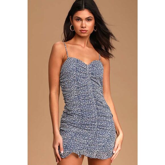 Lulu's Walk the Walk Blue Floral Print Ruched Bodycon Mini Dress $64 size XL NWT - Picture 1 of 16